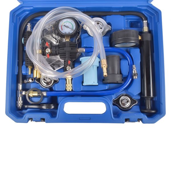 Mechanical fuel pump tester set in a blue case on a white background