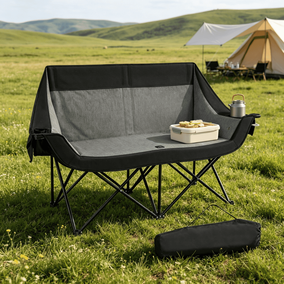 a double seater camp chair in a grassy field