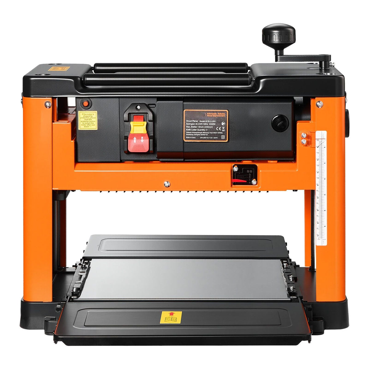 Orange and black VEVOR benchtop planer on a white background