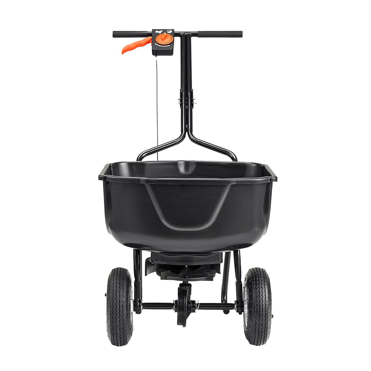 Black fertilizer spreader with 'Vevor' branding on a white background