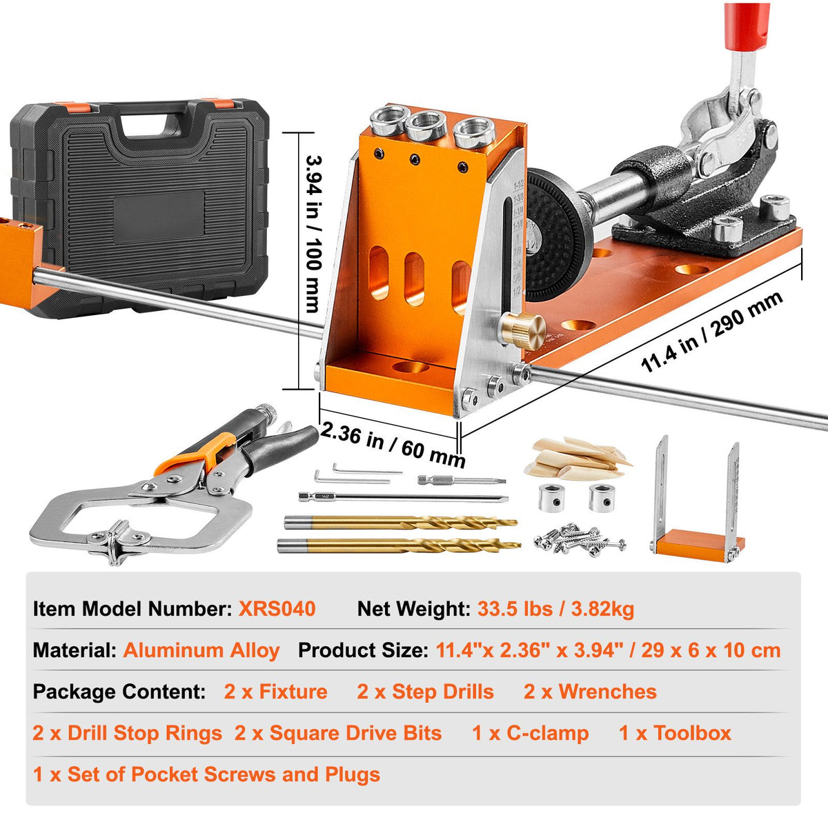 Set of tools with measurements and specifications on a white background