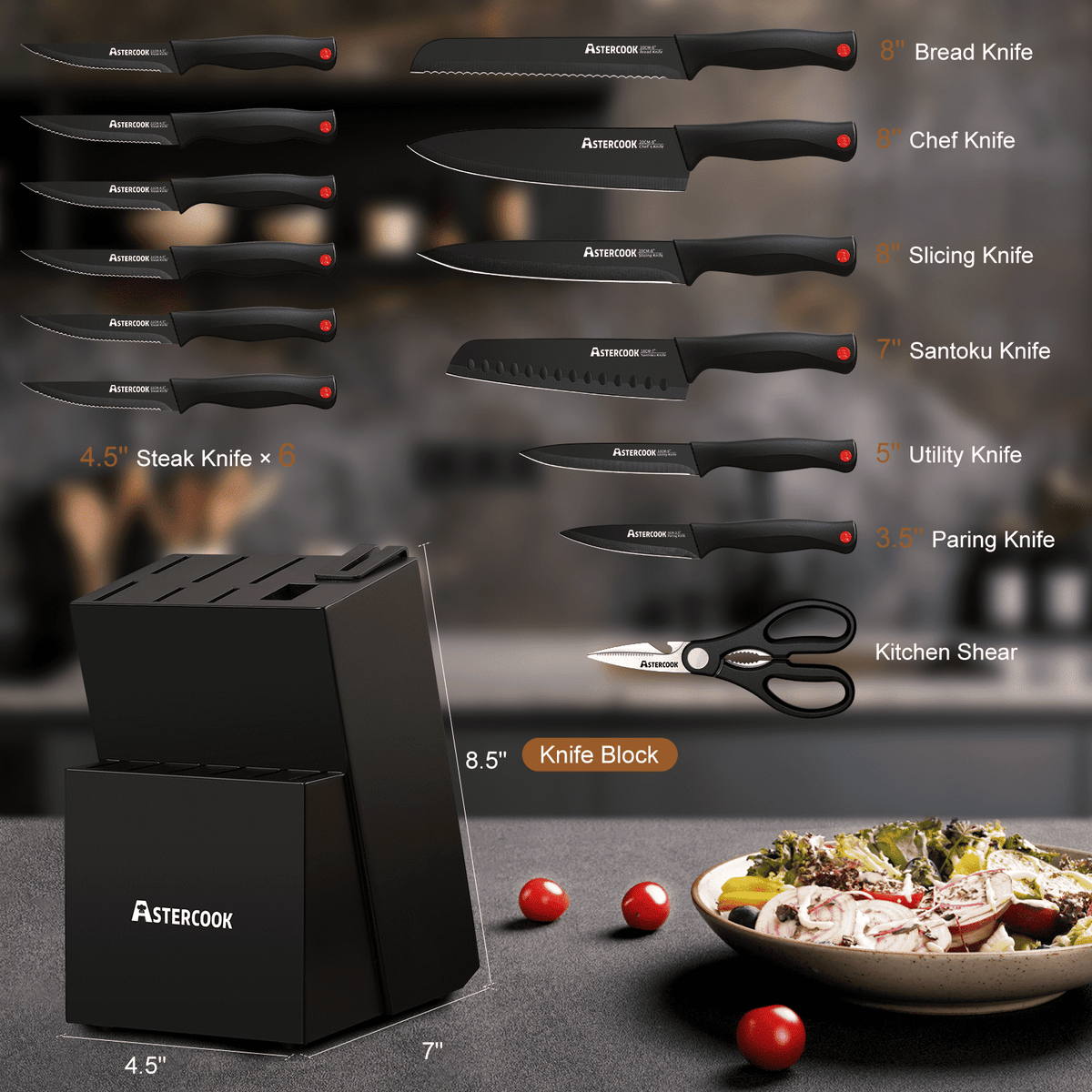 Set of knives with a knife block and Astercook branding on a kitchen counter.