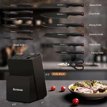 Set of knives with a knife block and Astercook branding on a kitchen counter.
