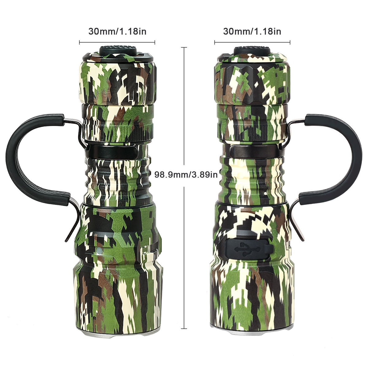 Camouflage flashlight with measurements on a white background