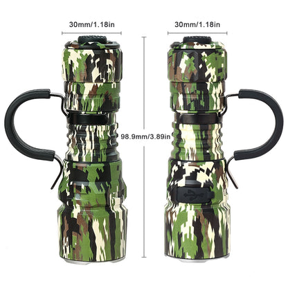 Camouflage flashlight with measurements on a white background