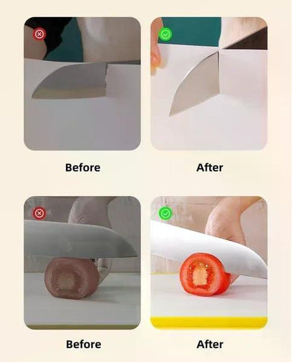 A 2x2 comparison graphic showing a knife cutting a piece of bread and a tomato. The top row is labeled 'Before' with a red circle icon and shows the knife sliding in awkwardly.