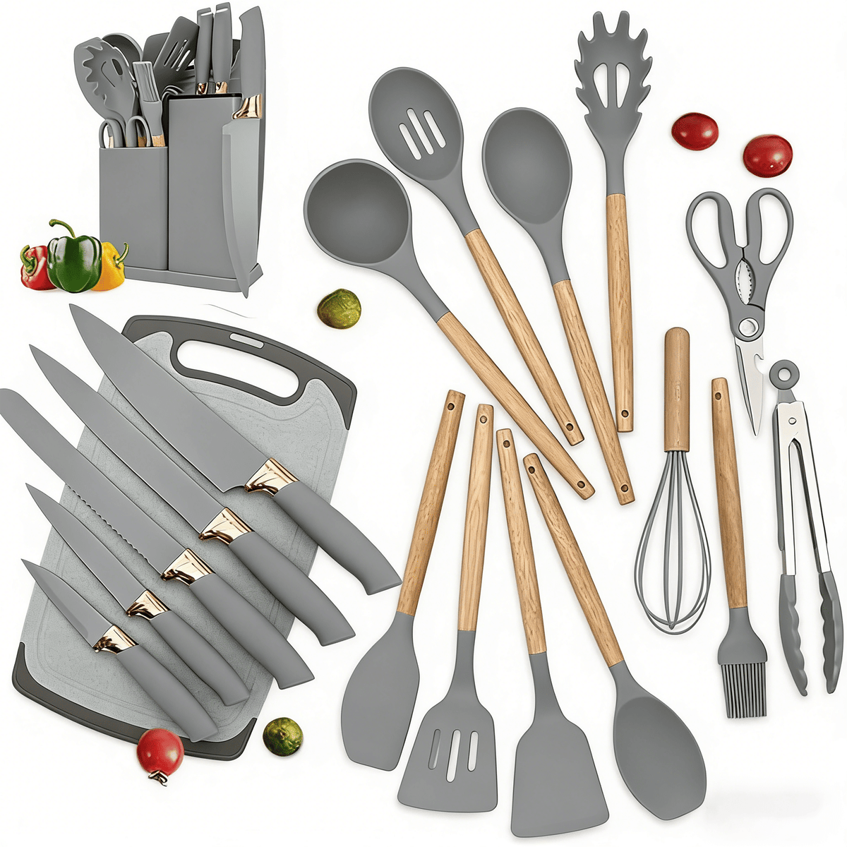Set of kitchen utensils including spatulas, spoons, and knives on a white background.