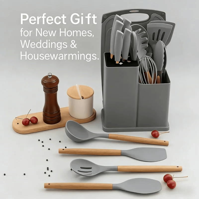 Set of kitchen utensils with gray and wooden handles on a light surface, with text indicating it's a perfect gift for new homes, weddings, and housewarmings.