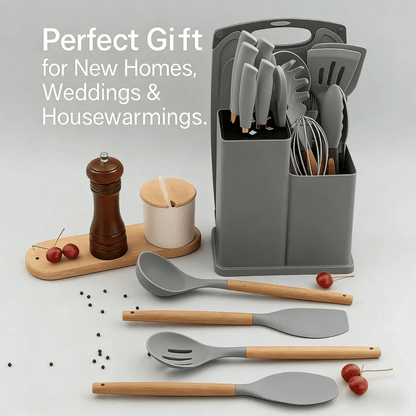 Set of kitchen utensils with gray and wooden handles on a light surface, with text indicating it's a perfect gift for new homes, weddings, and housewarmings.