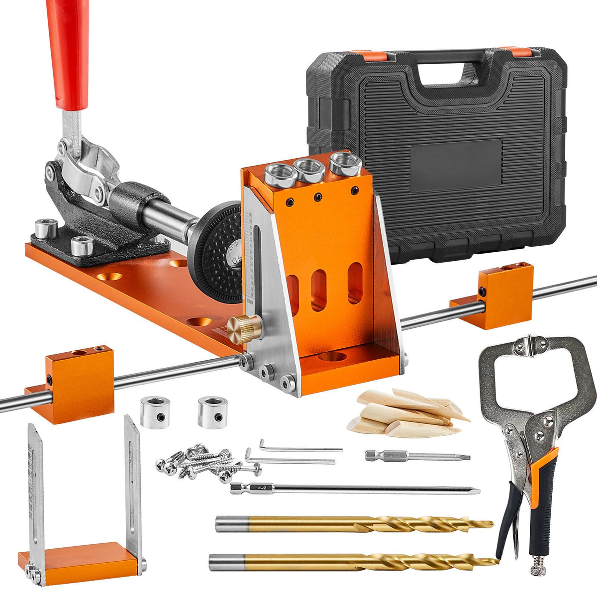 Metalworking tool set with orange and black components on a white background