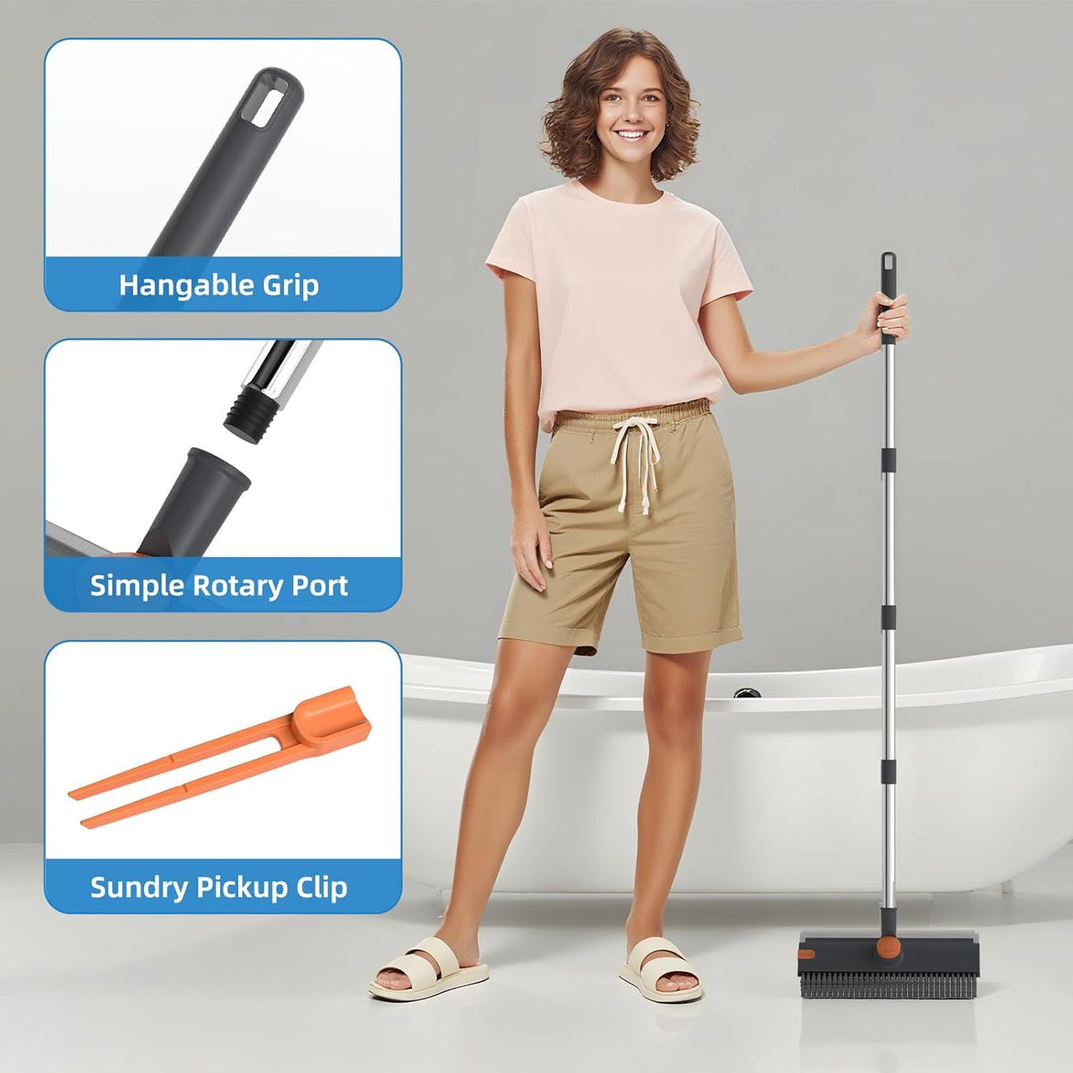 Woman holding a broom with features highlighted on a gray background
