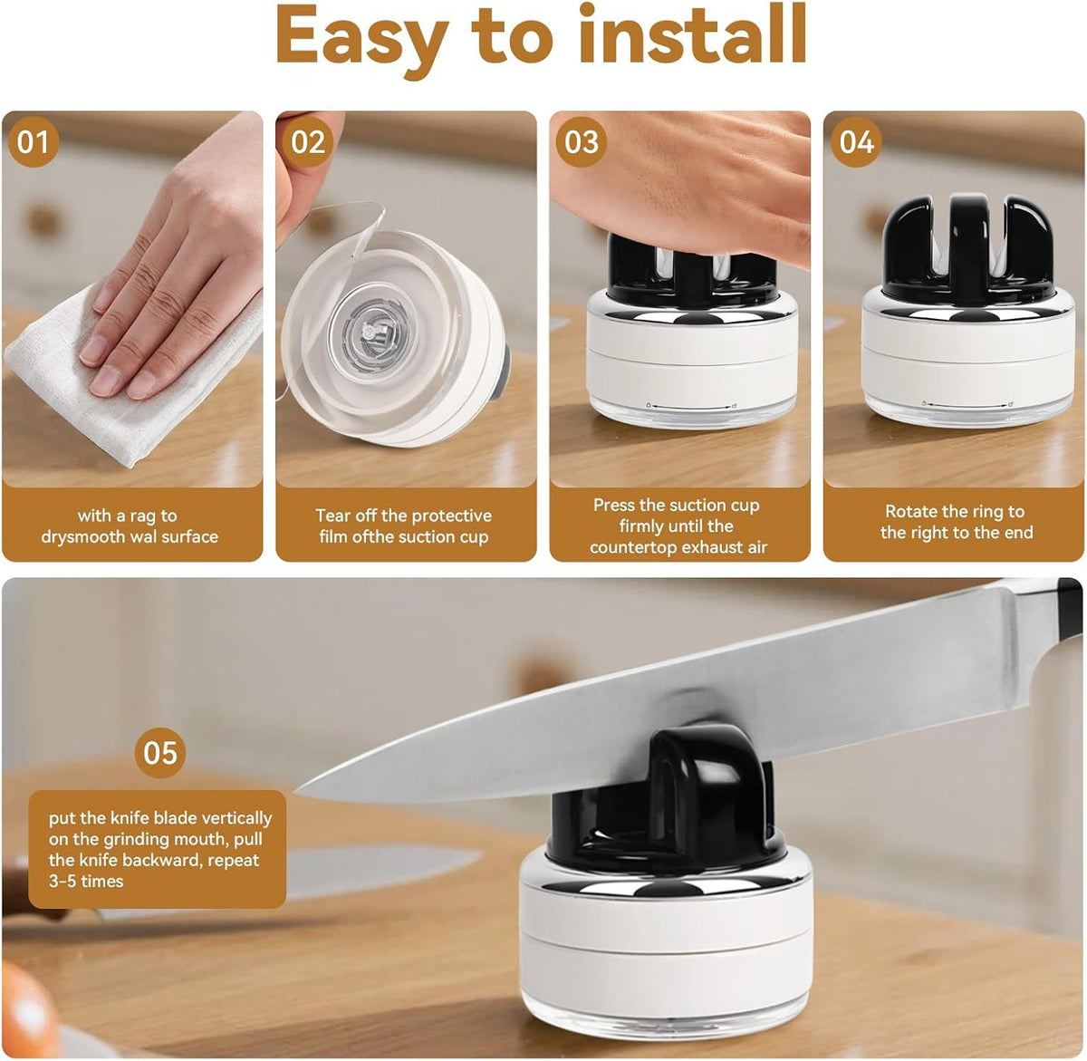 Step-by-step installation guide for a kitchen knife sharpener on a wooden surface.
