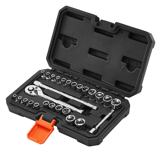 Open tool case with socket set on a white background