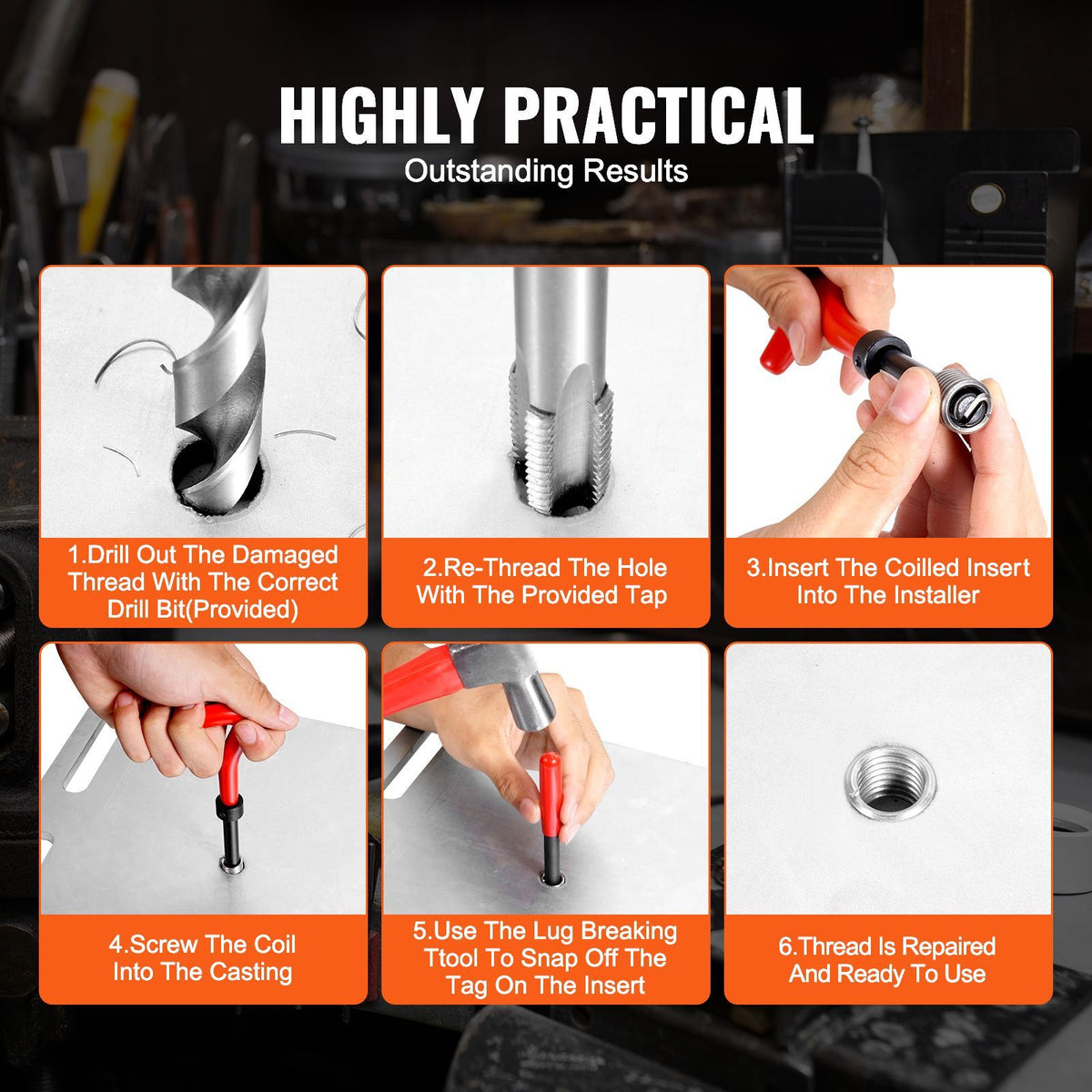 Step-by-step process of repairing a thread using tools with text indicating 'Highly Practical' and 'Outstanding Results'.