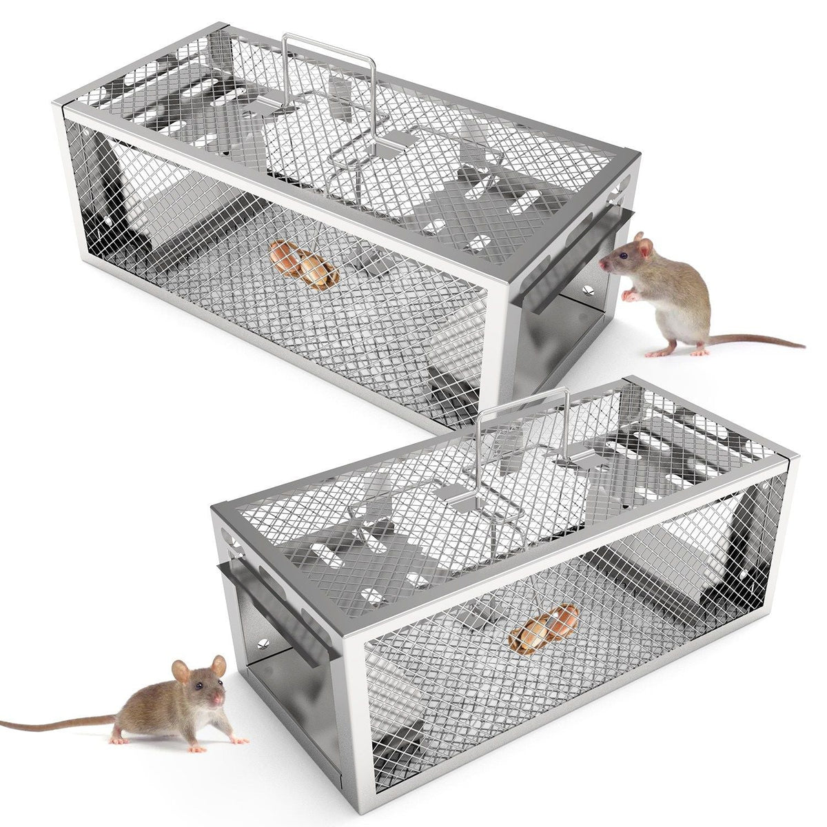 Two mouse traps with live mice on a white background