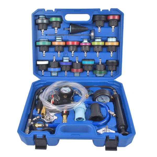 Car maintenance tool kit with various components in a blue case on a white background