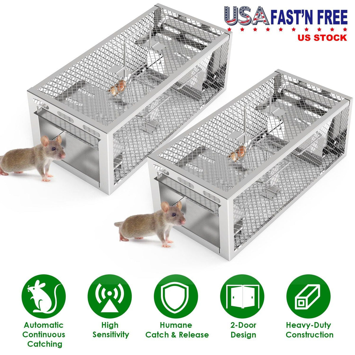 Two mouse traps with mice on a white background, featuring USA Fast'n Free branding.
