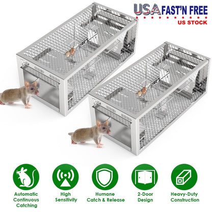 Two mouse traps with mice on a white background, featuring USA Fast'n Free branding.