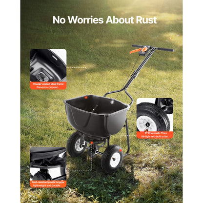 Black lawn spreader on grass with 'No Worries About Rust' text and product features highlighted.