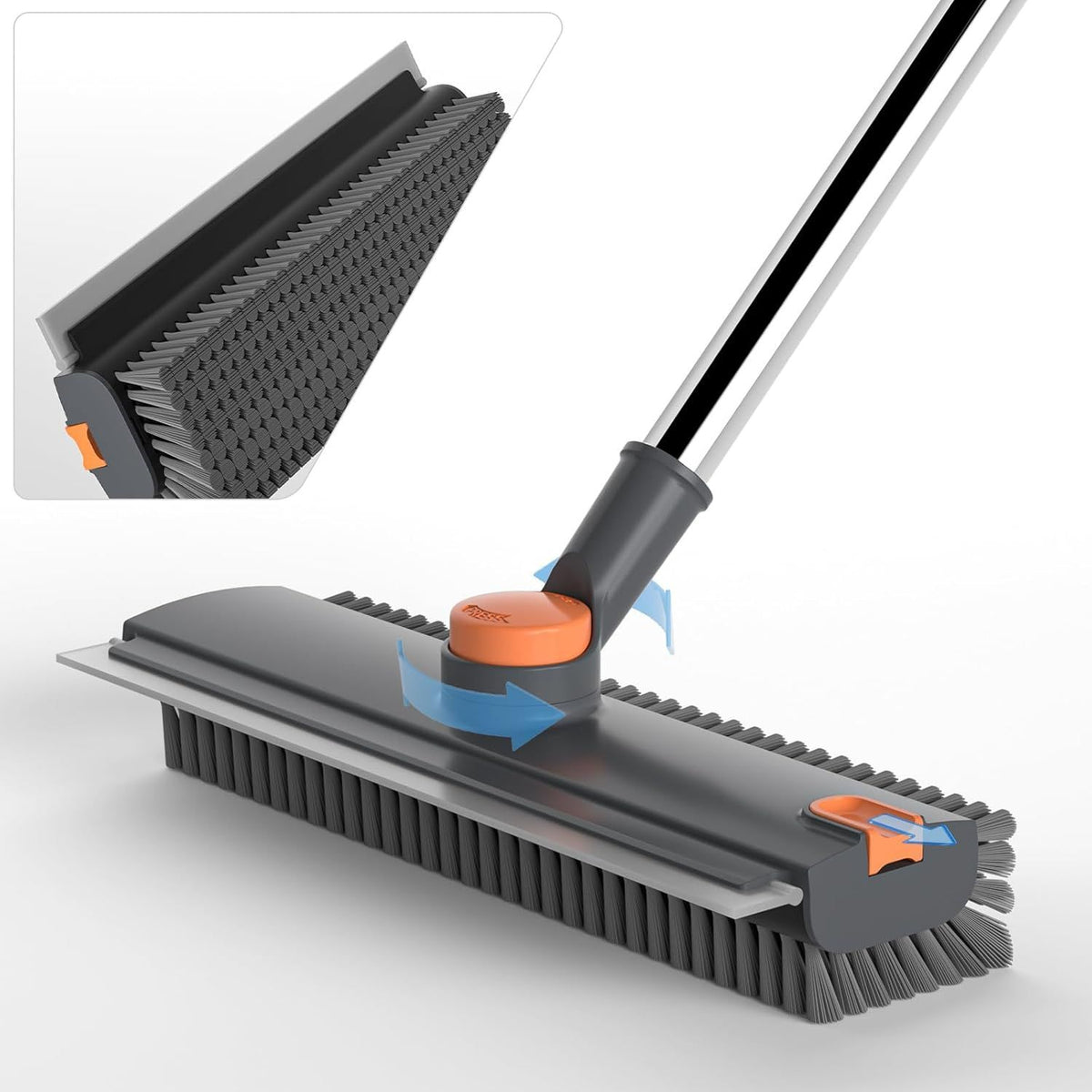 A floor scrubber with a long black handle, dark gray bristles, and bright orange adjustment knobs, shown on a clean white background with a close-up inset of the brush head.