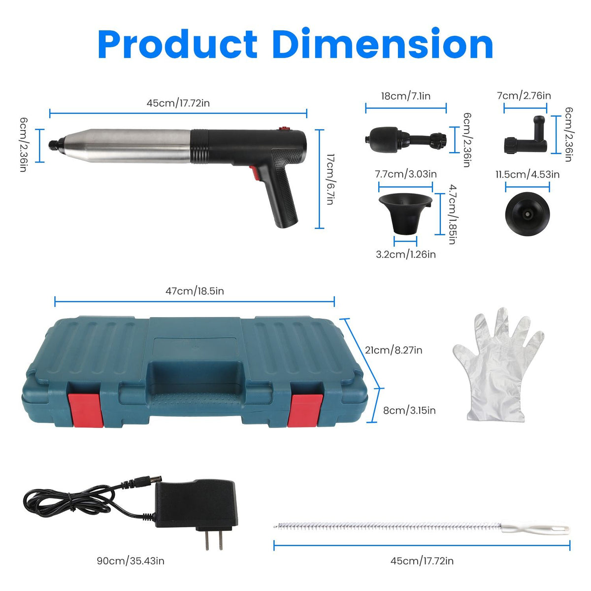 Product dimensions chart with various tools and accessories including a gun-like device, case, gloves, and cable.