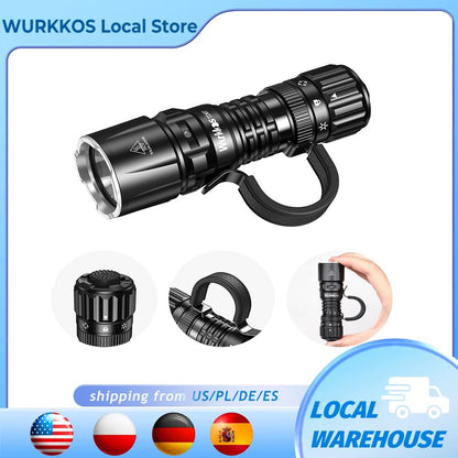 Black flashlight with attachments on a light blue background, featuring Wurkkos branding.