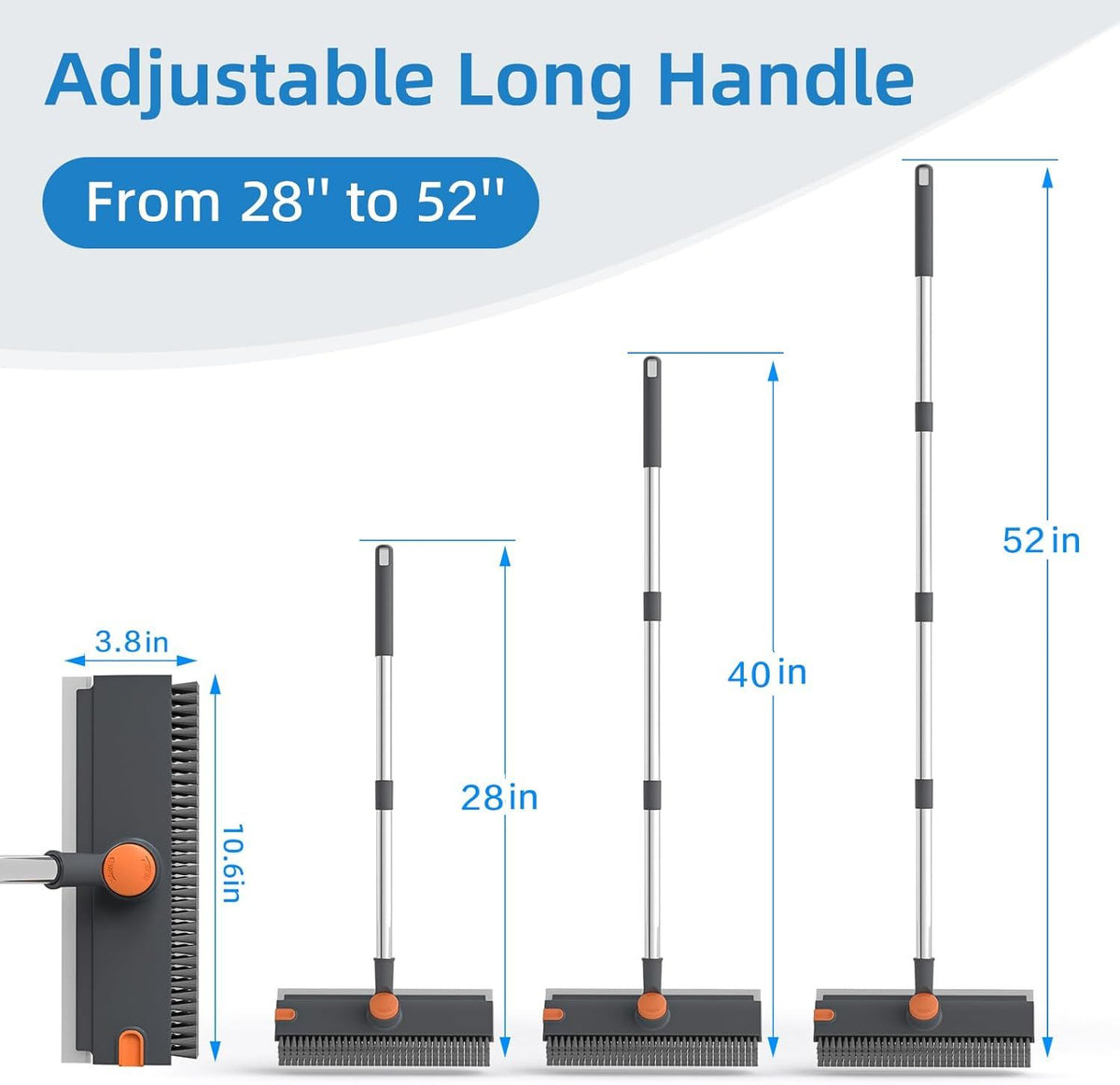 Adjustable long handle broom with measurement details on a white background
