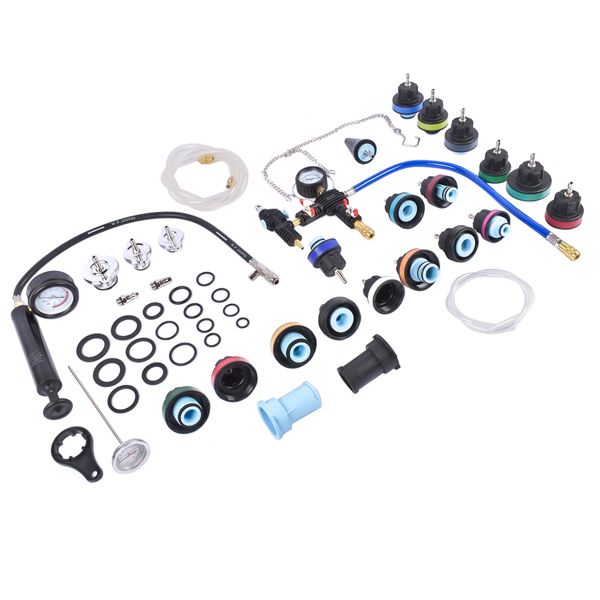 Automotive repair parts kit with hoses, connectors, and gauges on a white background