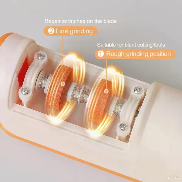 Close-up of a white and orange manual sharpening stone or blade repair tool with glowing orange circular grinding wheels and callout text explaining rough and fine grinding positions.