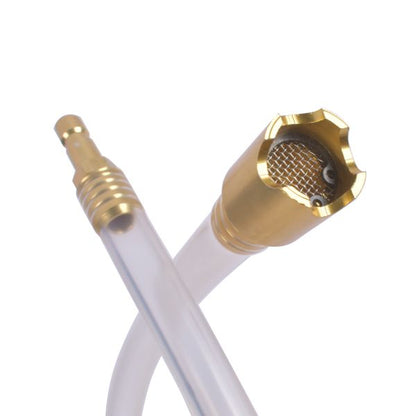 White hose with gold connectors on a white background