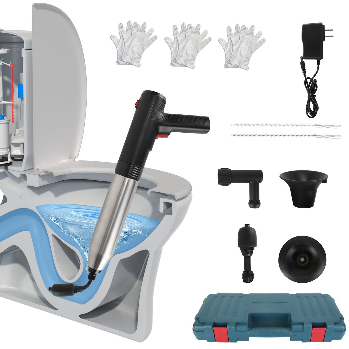 Plumbing repair kit with tools and components on a white background