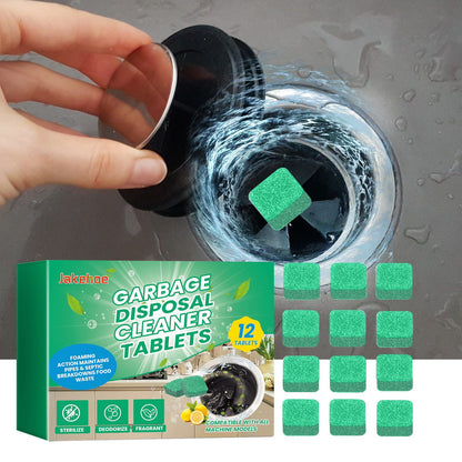 Garbage disposal cleaner tablets being used with a sink drain and packaging displayed.
