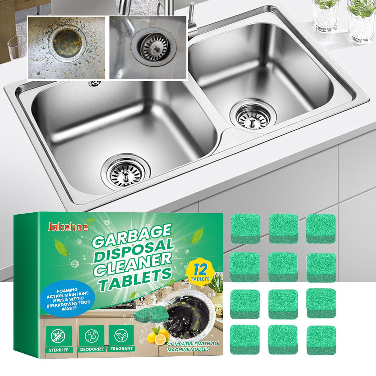 Stainless steel kitchen sink with garbage disposal cleaner tablets and packaging on a white background