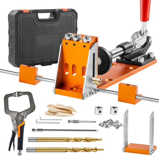 Woodworking tool set with an anvil, clamps, drill bits, and accessories on a white background.