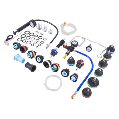 Collection of automotive repair parts and tools on a white background
