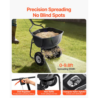 Lawn spreader spreading seeds on grass with features highlighted.