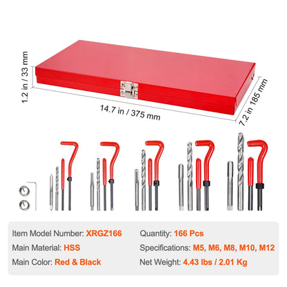 Red drill bit set with measurements and specifications on a white background