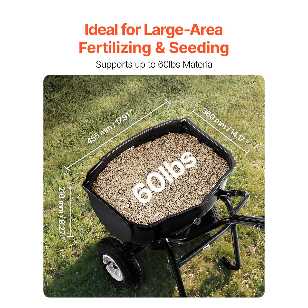 Wheelbarrow filled with fertilizer labeled '60 lbs' on a grassy background, with text about large-area fertilizing and seeding.