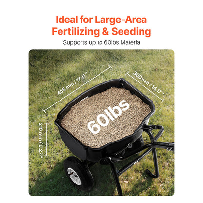 Wheelbarrow filled with fertilizer labeled '60 lbs' on a grassy background, with text about large-area fertilizing and seeding.