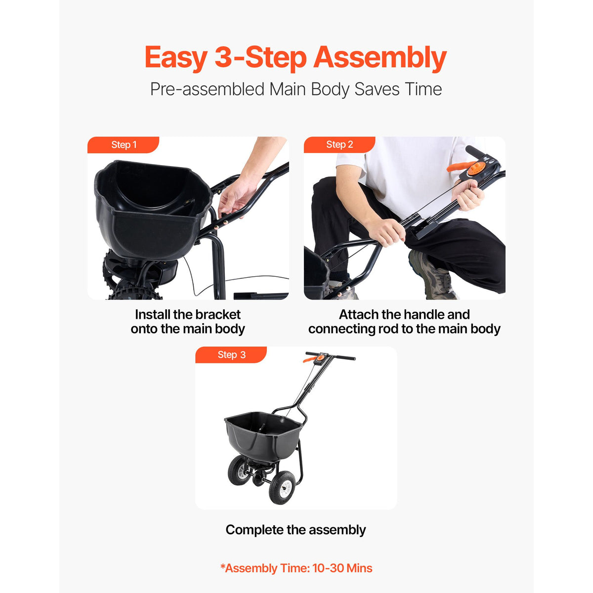 Step-by-step assembly guide for a gardening tool with text indicating easy assembly.