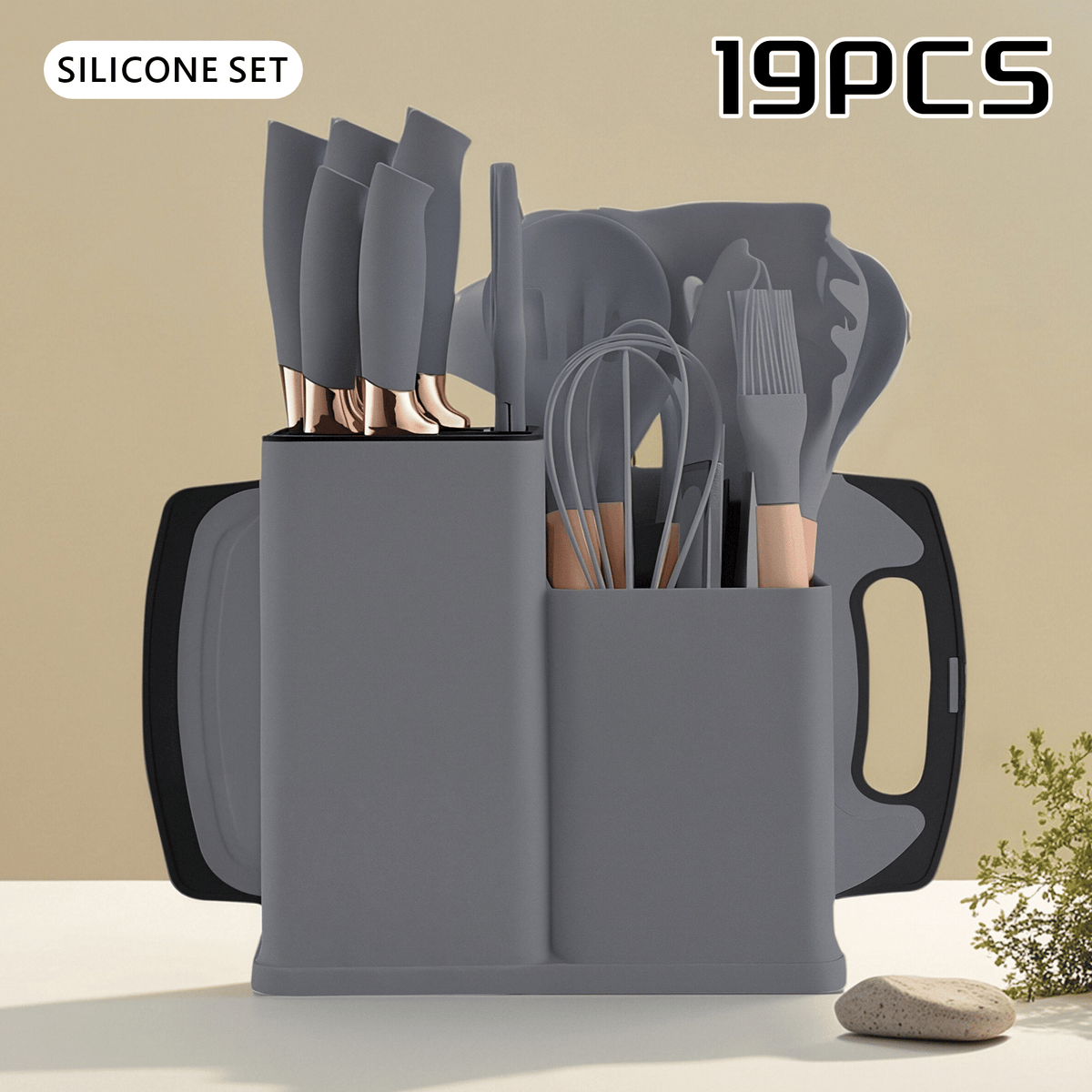 Silicone kitchen utensil set with holder on a beige background