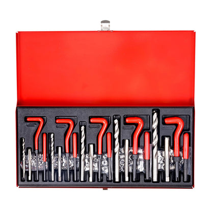 Set of drill bits in a red toolbox on a white background