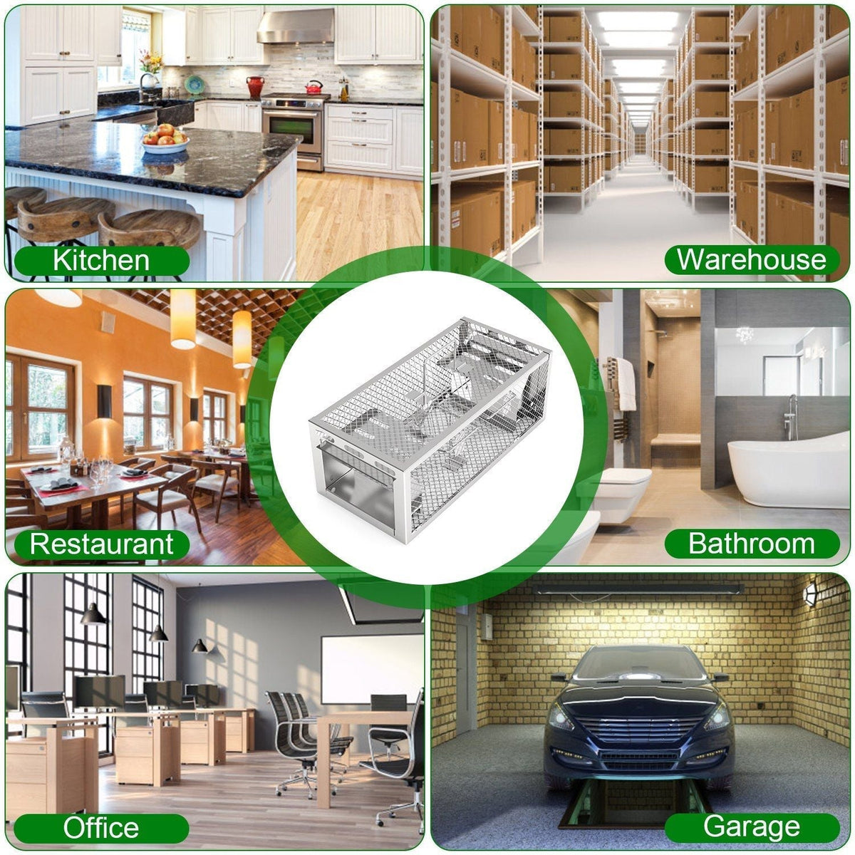 Collage of various indoor settings including a kitchen, warehouse, restaurant, bathroom, office, and garage with a central focus on a metal drawer organizer.