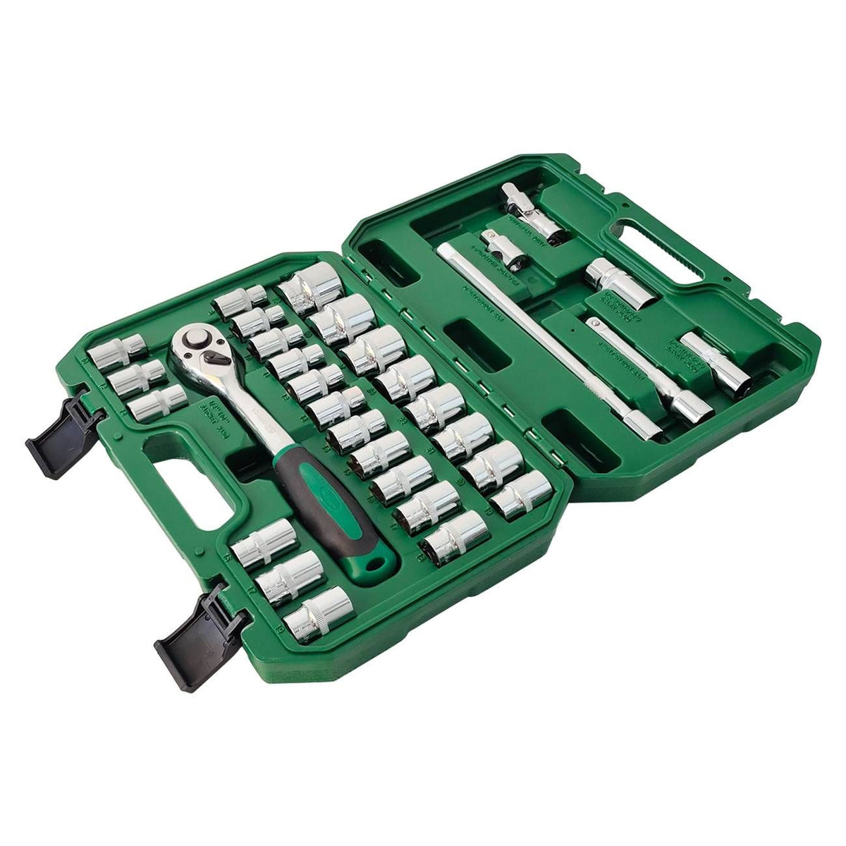 Green tool set with various sockets and tools on a white background