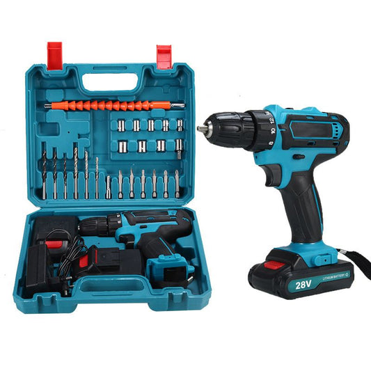 A cordless drill set shown with the drill and its open storage case on a white background. The drill is teal and black with a red trigger, and the case contains multiple drill bits, a brush cleaner, and a battery.