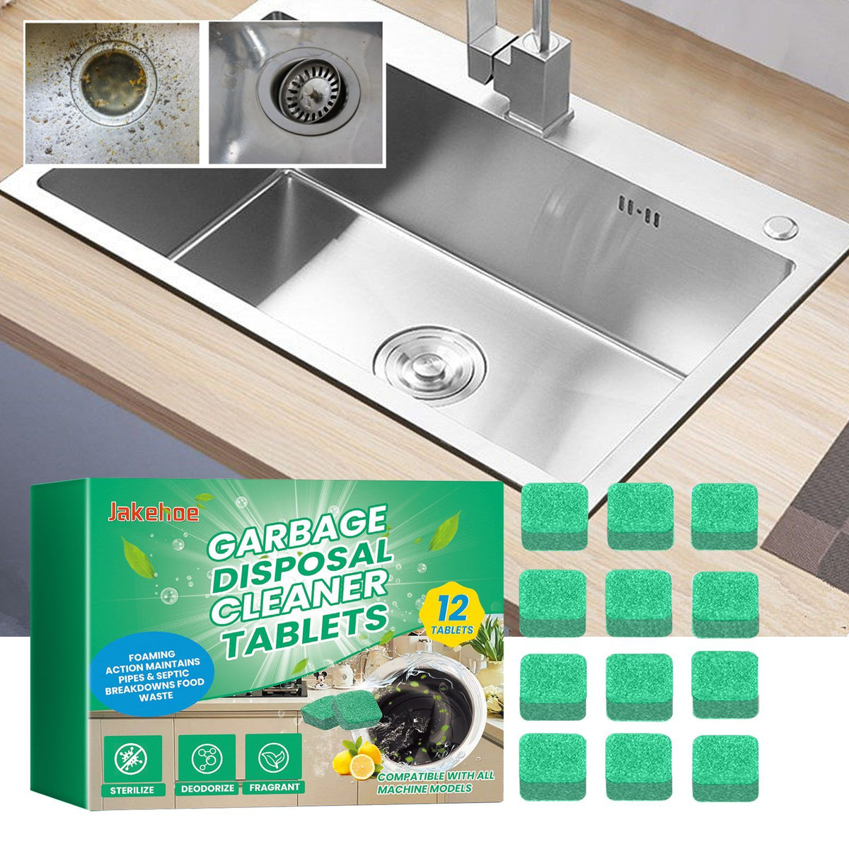 Stainless steel kitchen sink with garbage disposal cleaner tablets and packaging on a wooden countertop.