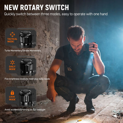 Person using a flashlight with a rotary switch in a dark setting, highlighting switch features.