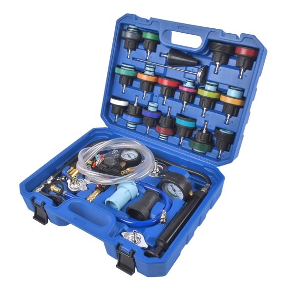 Blue tool kit with various components on a white background