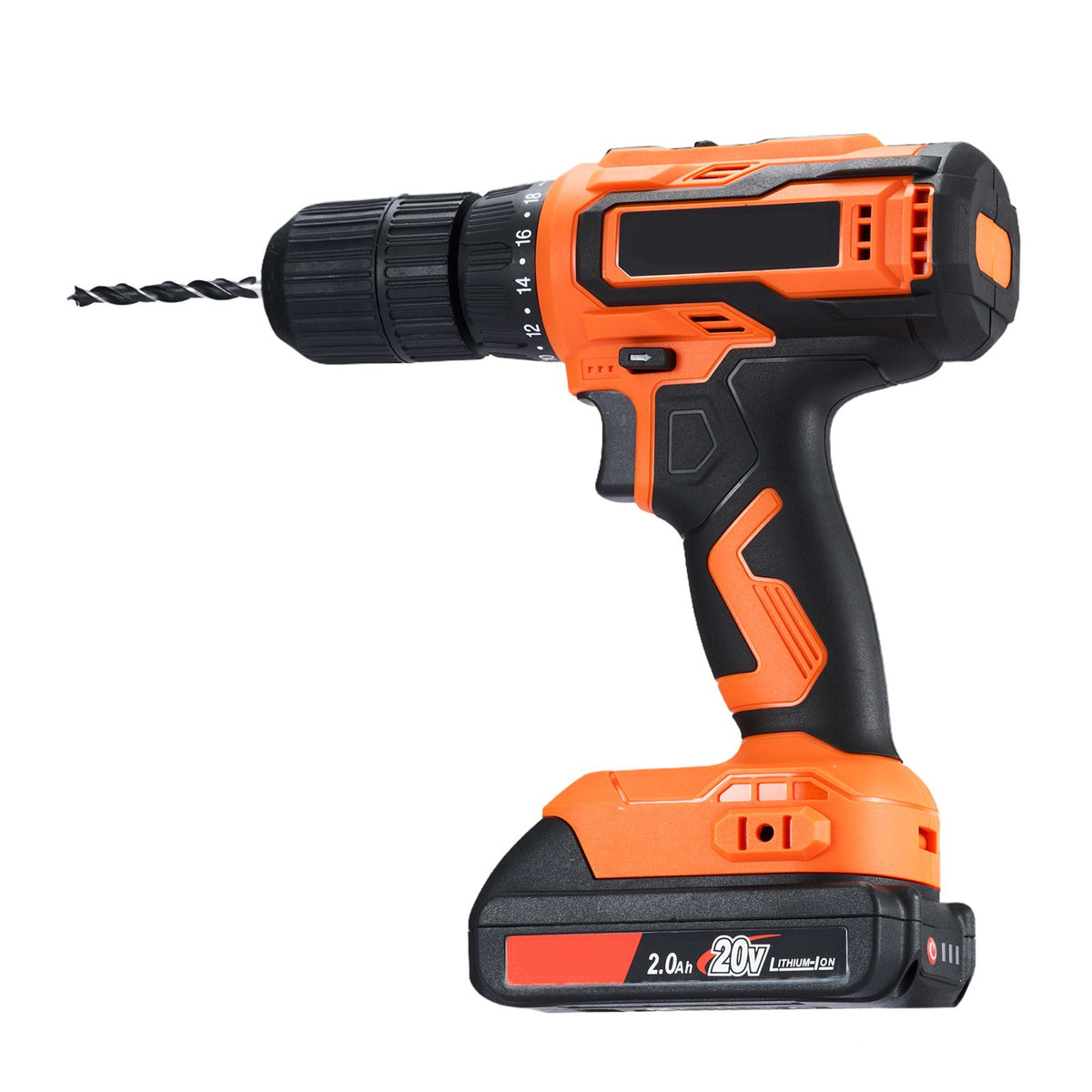 Orange and black cordless drill on a white background