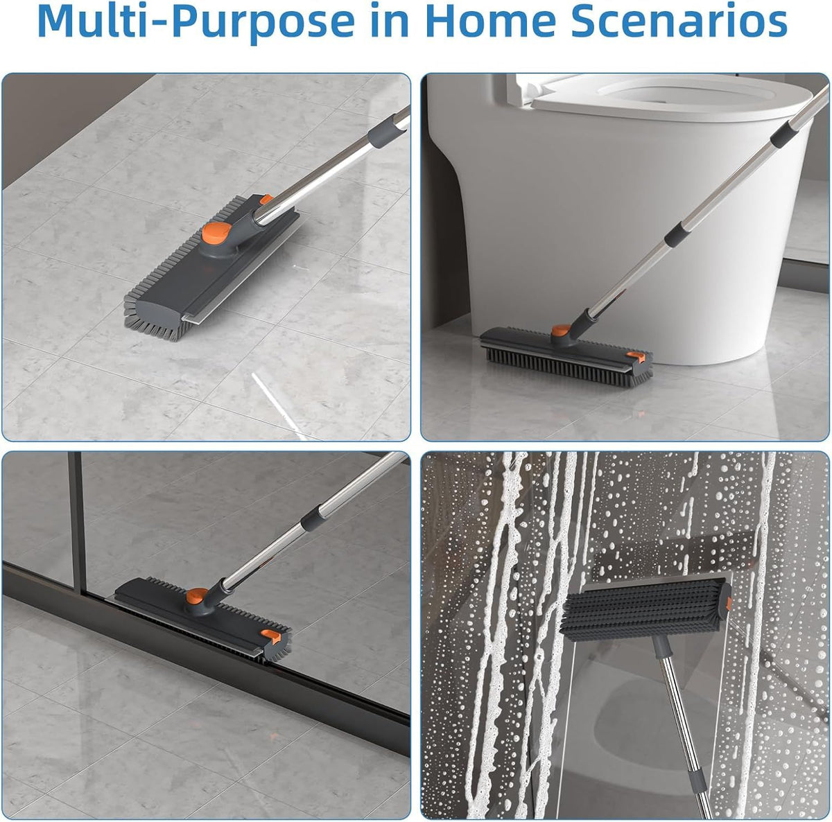 Cleaning tool used on various surfaces including a tile floor, around a toilet, on glass, and on a textured wall.